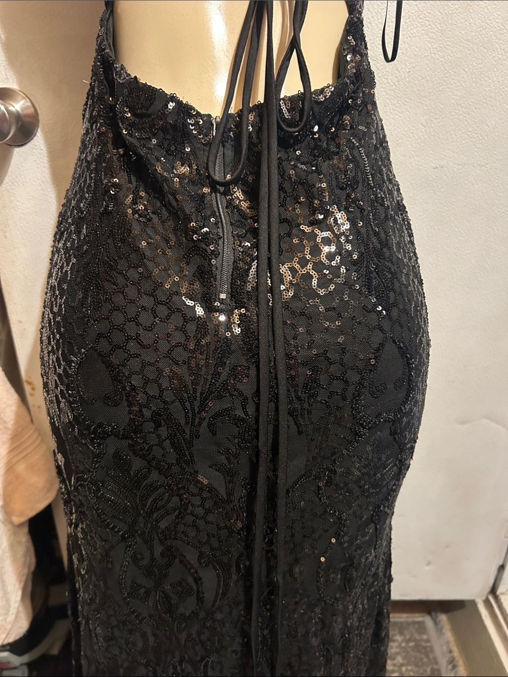 Black Strapless Sequin Evening Gown with Thigh Slit - Picture 10 of 14
